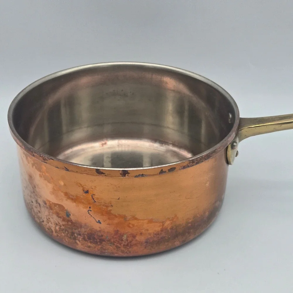 Vintage Solid Copper Saucepan Pot Brass Handle ODI Portugal No Lid Has Patina